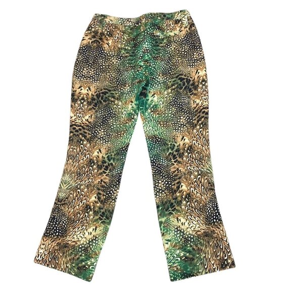 Paige Silk Animal Feather Print Trouser Pants Womens Sz 6 Green Brown #71P - Picture 3 of 10